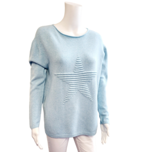 pale blue long sleeved jumper with round neck and textured star detail