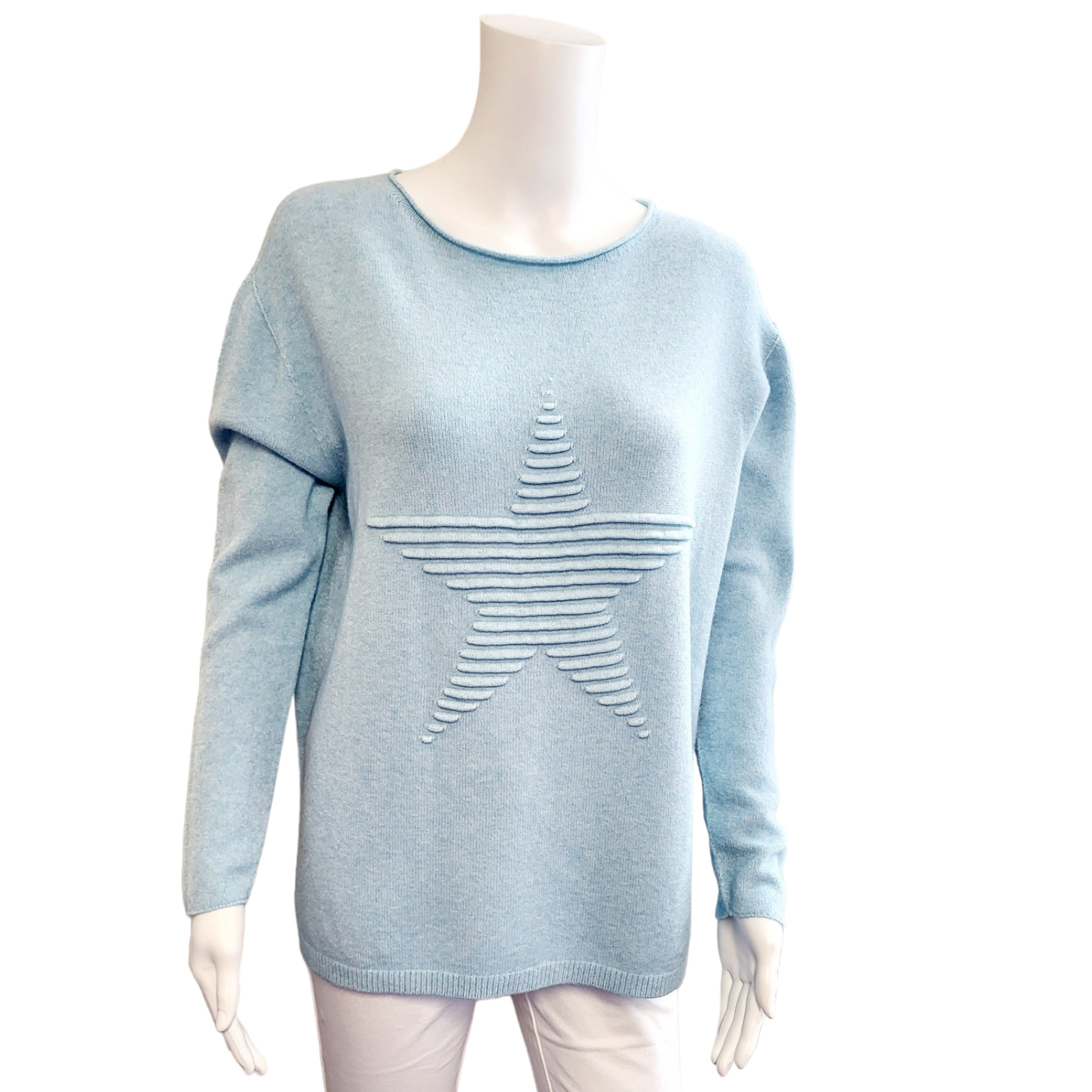 pale blue long sleeved jumper with round neck and large textured star detail