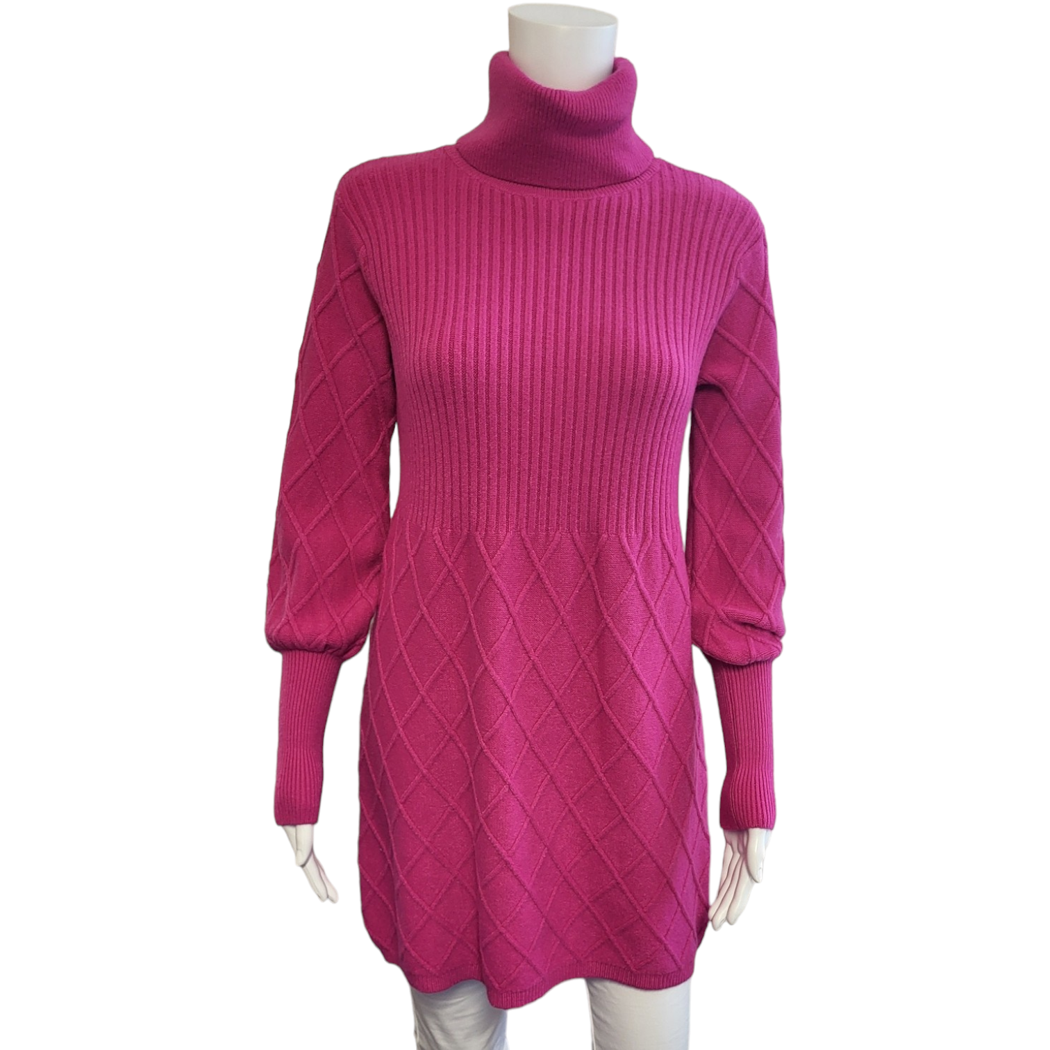 Fucshia pink polo neck knitted dress with long sleeves