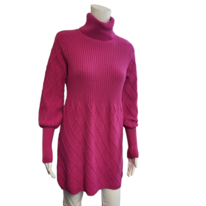 pink knitted polo neck tunic dress with diagonal cable design on the bottom half and long sleeves