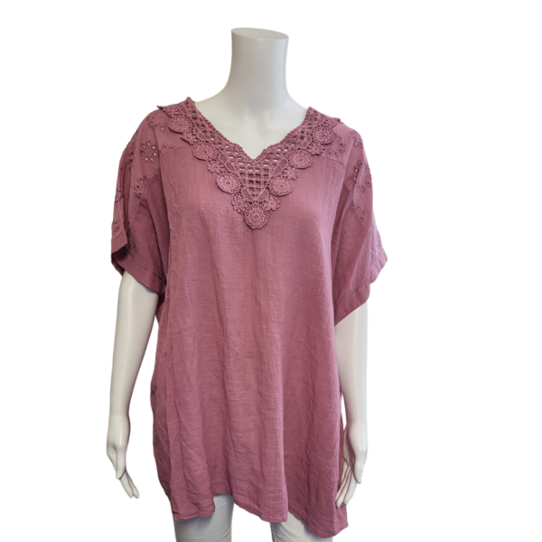 antique rose coloured top with short sleeves and v neck with embroidery detail