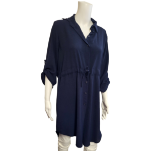 Navy blue shirt dress with turned up sleeves, buttons down the front and a tie waist