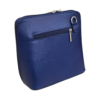 navy blue leather messenger bag with zipped pocket on the back.
