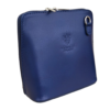 Navy square leather messenger bag with detachable strap. zipped opening