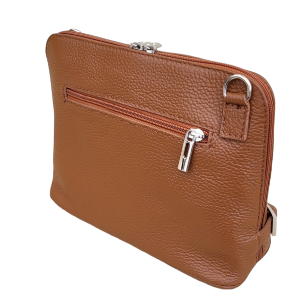 back of brown leather messenger bag showing zipped pocket