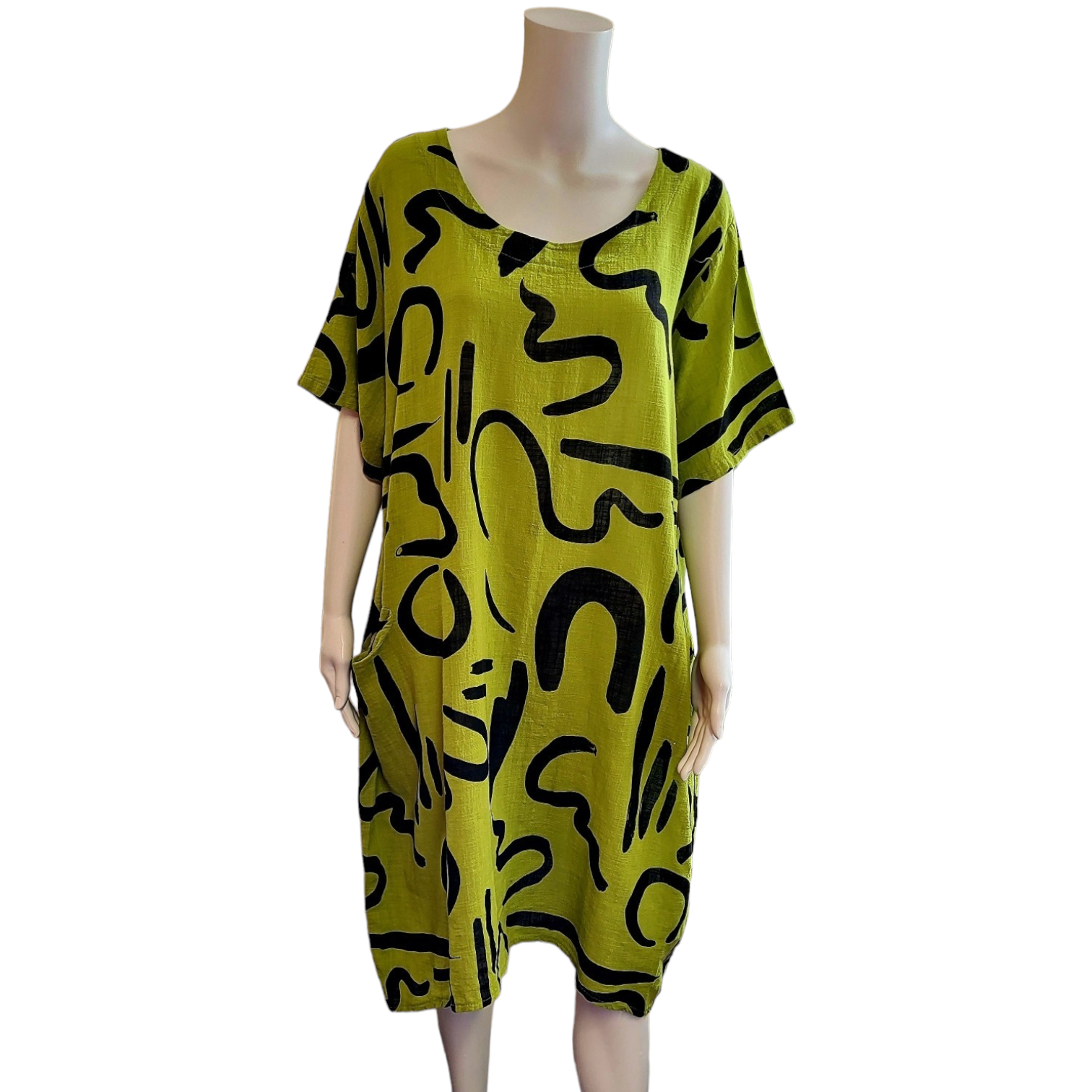 Lime green shift dress with pockets, round neck and short sleeves