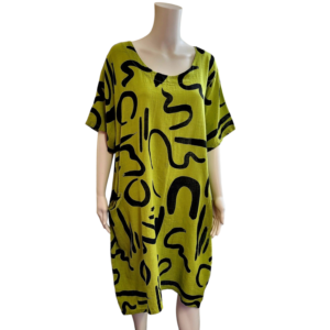 lime green dress with bold black line pattern. round neck, and short sleeves.