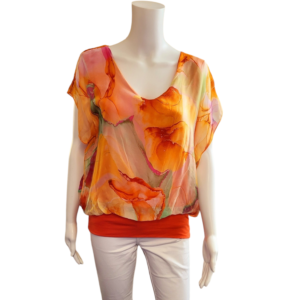 orange silky blouse with abstract patters in orange and beige. v neck and short sleeves.